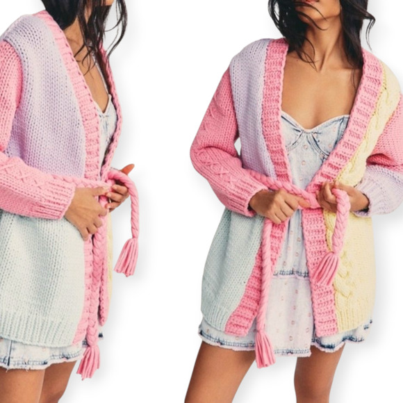 LoveShackFancy Horatio Oversized Cardigan Sweater Multicolor Knit Tassel Tie - Picture 1 of 8